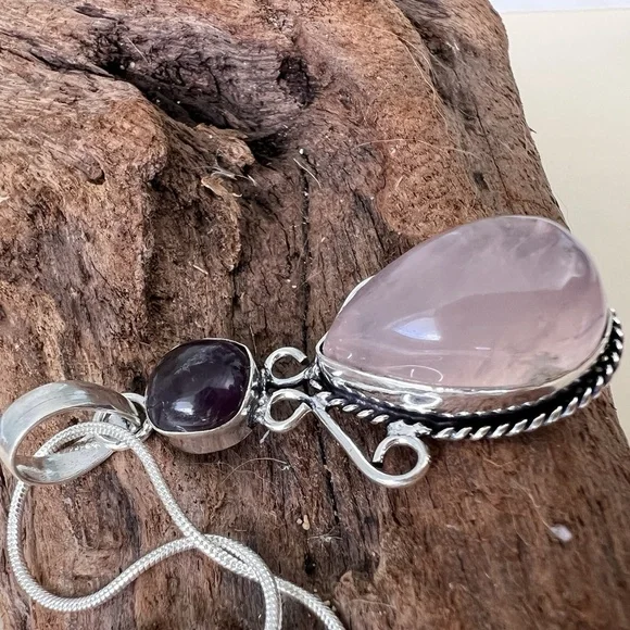 925 Sterling Silver Amethyst Rose Quartz Angel Necklace womens jewelry - Picture 3 of 10